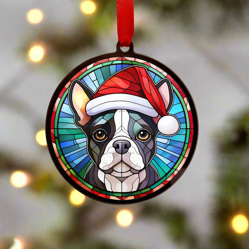 Boston Terrier in Santa Hat Suncatcher Decoration